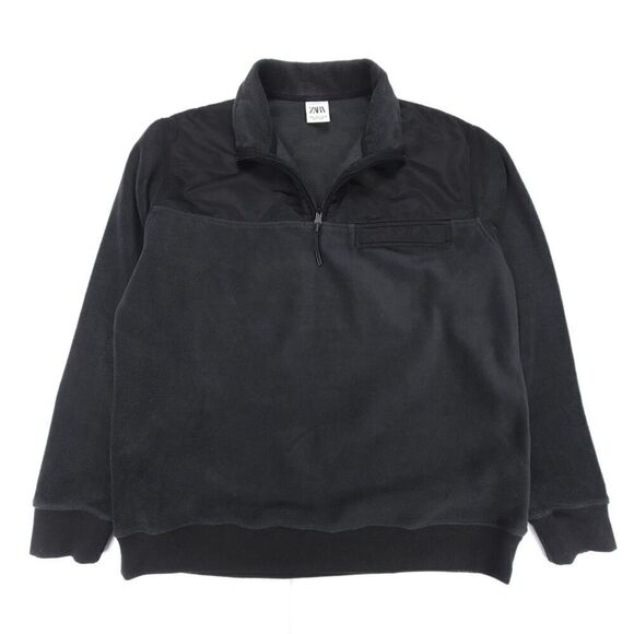 ZARA MAN Mixed Media Fleece Quarter Zip Pullover Sweatshirt Mens Medium Black - Picture 1 of 8